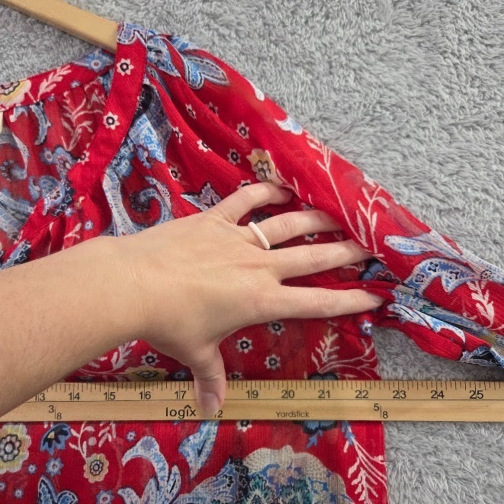 Style & Co Red Floral Paisley Semi-Sheer Popover Blouse Medium Boho Peasant Top - Picture 7 of 10